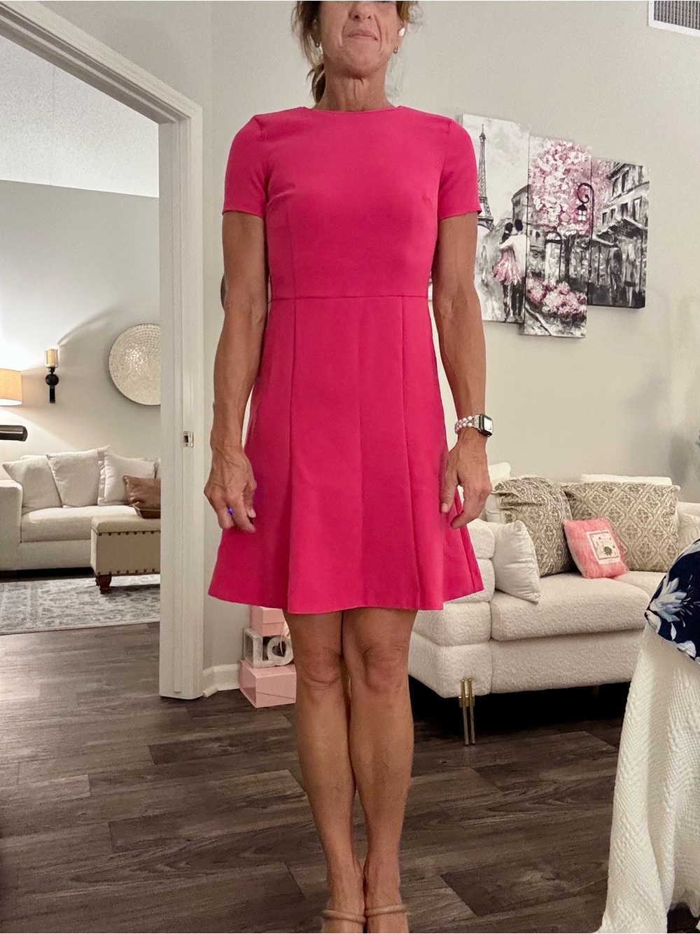 Ann Taylor Hot Pink Short-Sleeve Fit-and-Flare Mini Dress